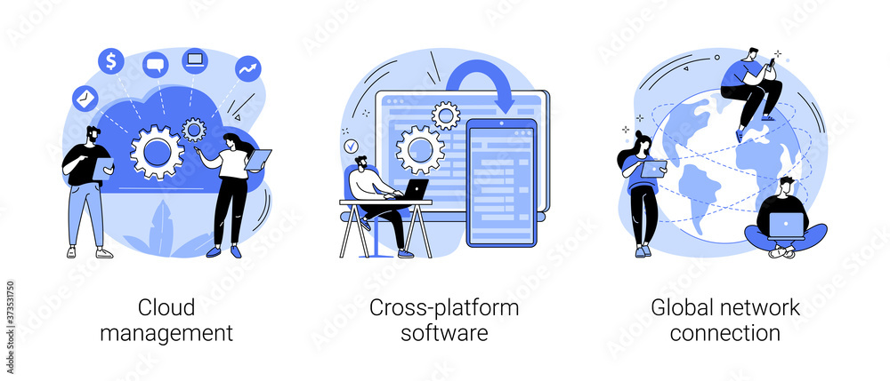Poster global communication abstract concept vector illustration set. cloud management, cross-platform soft