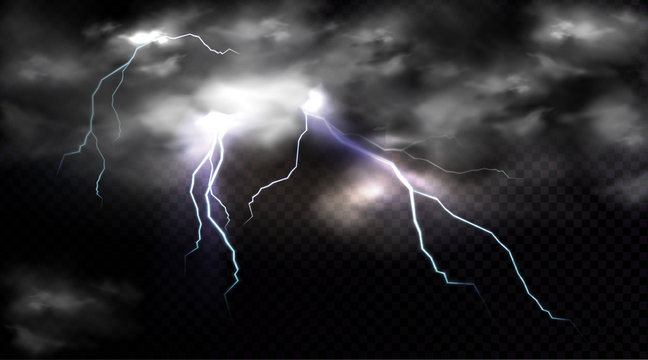 Lightning strikes and thundercloud, electric discharge and storm cloud, impact place or magical energy flash. Meteorology thunderbolt realistic 3d vector impulse isolated on transparent background