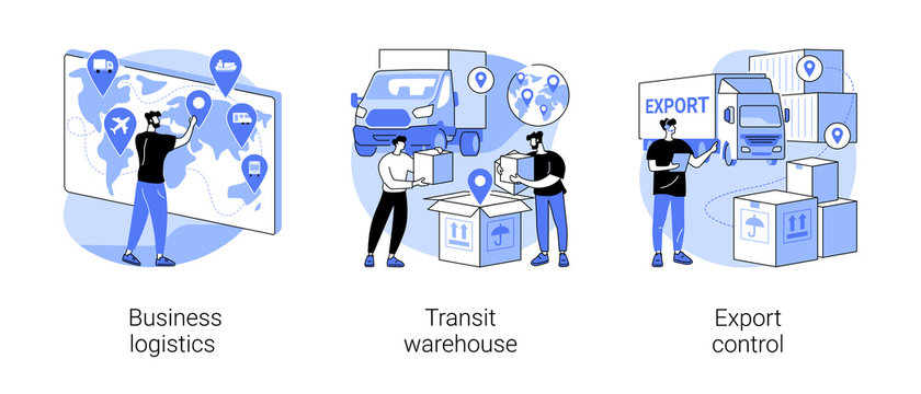 Smart logistics technologies abstract concept vector illustration set. Business logistics, transit warehouse, export control, business transportation, goods transfer, shipping abstract metaphor.