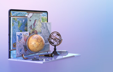Distance learning, online education, back to school concept. Geography globe, compass, tablet screen background geographic maps. Online video geography digital classroom lesson 3D design illustration - obrazy, fototapety, plakaty