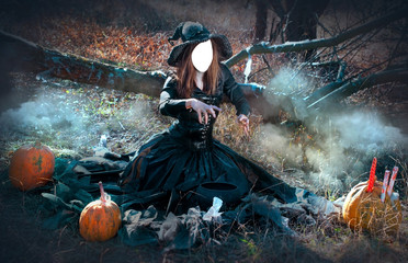 Halloween decorative holiday. The sorceress hid her face behind an oval. Withered nature