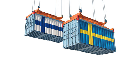 Freight containers with Sweden and Finland flag. 3D Rendering 