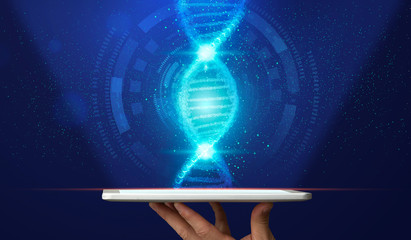 Decoding human genome. Male hand holding tablet computer with DNA helix emerging out of screen,...