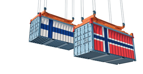 Freight containers with Norway and Finland flag. 3D Rendering 