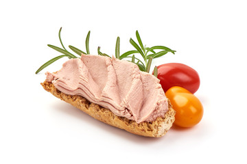 Chicken liver pate sandwich, isolated on white background