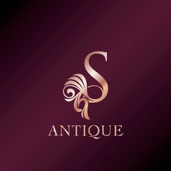 Antique S Letter Initial Logo Elegance Gold Rose Luxury Ornate Deco Swirl Shape Design.