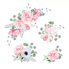 Raamstickers Bloemen Sweet wedding bouquets of rose, peony, orchid, anemone, camellia, blue berries and eucaliptis leaves