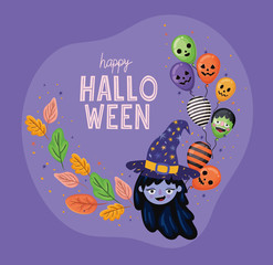 Halloween witch cartoon with leaves and balloons design, Holiday and scary theme Vector illustration