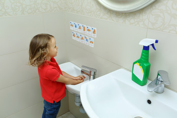 pupil girl washes her hands following instructions