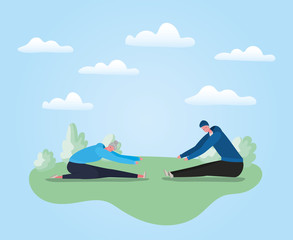 Senior woman and man cartoons doing yoga at park design, Activity theme Vector illustration