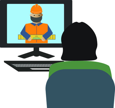 Computer Screen View Over Woman Shoulder, Manager Sit On Armchair And Communicates Use Video Conference With Worker