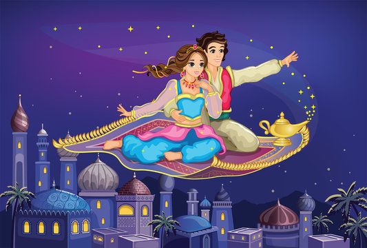 East Princess and Aladdin on magic carpet. Fairytale Arabic landscape with Mosque. Muslim Cityscape. Cartoon Wallpaper. Cute doll or toy. Fabulous background. Wonderland. Children illustration. Vector