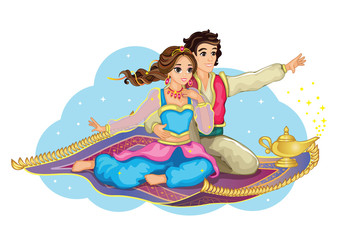 East Princess and Aladdin on magic carpet. Isolated image on white background. Cartoon illustration for children's print or sticker. Fabulous or romantic story. Wonderland. Cute doll or toy. Vector. 