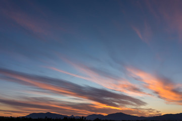 Sunrise Sundown Sanset Sky with colorful clouds, without birds, clear and worm evening