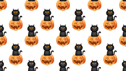 Seamless Black cat sitting pumpkin on white background,  3d illustration concept