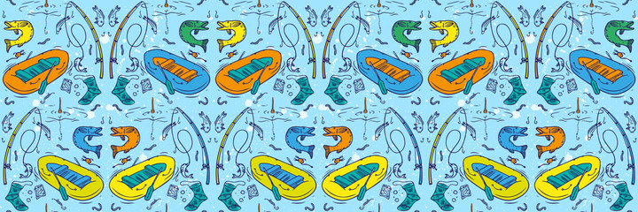 Seamless pattern on the theme of fishing, a simple hand-drawn contour icons on blue background