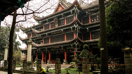 Chengdu, China - January 06, 2017: Wenshu Yuan Monastery in Chengdu in winter, traditional Chinese style building, historical building in China
