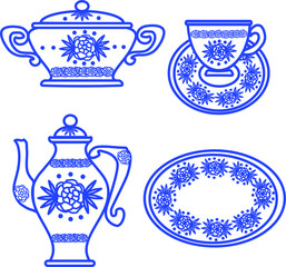 Set of Tea, Coffee on white background. Vector illustration of Kitchen utensils. Isolated.