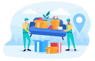 Removals workmen or courier delivering household goods with sofa and boxes, colored vector illustration