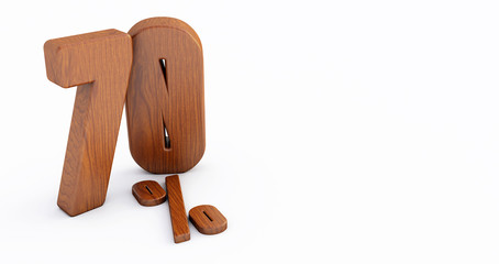  Wooden Number isolated on white background .70 seventy percent sale. Black friday idea. 70%. 3D render