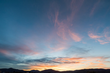 Sunrise Sundown Sanset Sky with colorful clouds, without birds, clear and worm evening