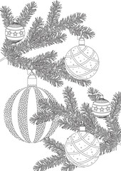 Coloring page with christmas tree branch and balls as decor for adults, outline vector stock illustration as antistress therapy for adults