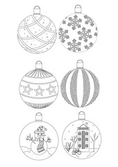 Coloring page with set of christmas balls for evergreen tree, outline vector stock illustration as antistress coloring book for adults in a4 size