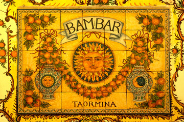 Signboard Bam Bar signboard in a typical ceramic, Taormina, Sicilia, Italy 