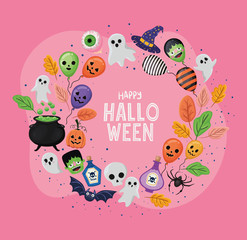 Halloween balloons and ghosts cartoons in circle shaped design, Holiday and scary theme Vector illustration