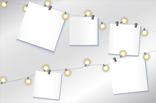 Blank with clothespin and garland with lamps as mockup, ioi banner template, realistic vector stock illustration with place for text