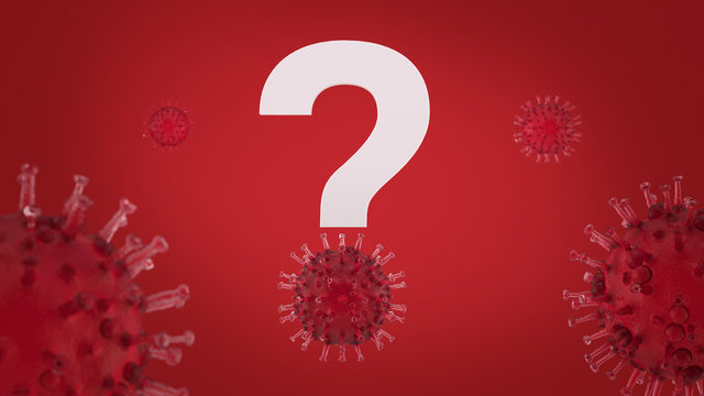 Question mark surrounded by red viruses on studio background. 3D rendering.