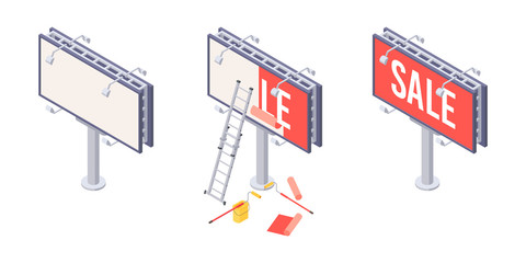 Billboard installation isometric vector with various stages of sticking advertising on big city ooh banner. © Yuliia Osadcha