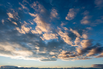Sunrise Sundown Sanset Sky with colorful clouds, without birds, clear and worm evening