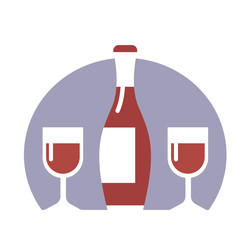A bottle of red grape wine with two glasses. A pleasant alcoholic drink. Vector flat illustration.