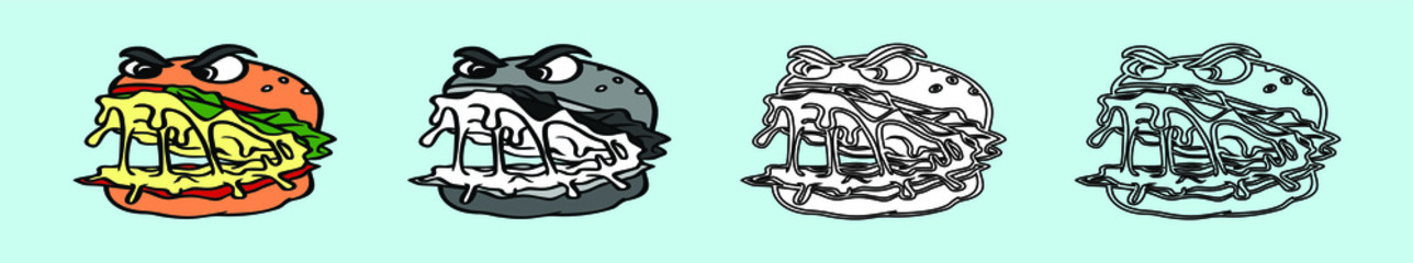 set of angry burger cartoon character design template with various models. vector illustration