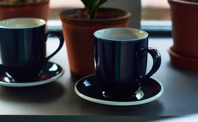 Black and strong morning coffee in blue mugs and green plants in pots.