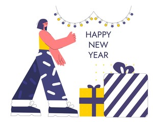 Vector illustration girl is preparing for the new year. Happy New Year trendy and minimalistic card or background. Modern Thin Contour Line Design Concept.