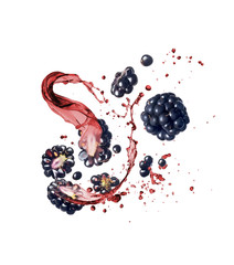 Whole and sliced blackberries with splashes of juice on a white background © Krafla