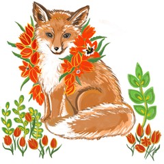 orange fox sits in a red flowers tulips