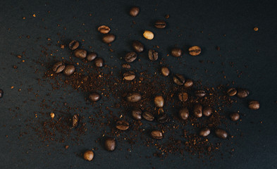 Fototapeta na wymiar Coffee beans and ground coffee beans