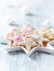 Homemade Christmas cookies on bright background. Close up.	