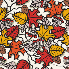 Vector colorful seamless pattern on the theme of autumn, season. Background with hand drawn leaves and berries on beige color