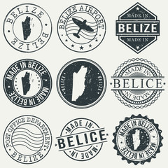 Belize Set of Stamps. Travel Stamp. Made In Product. Design Seals Old Style Insignia.