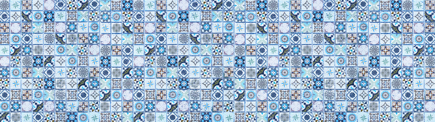 Obraz premium Colorful abstract blue white vintage retro geometric square mosaic motif tiles texture wide background banner panorama