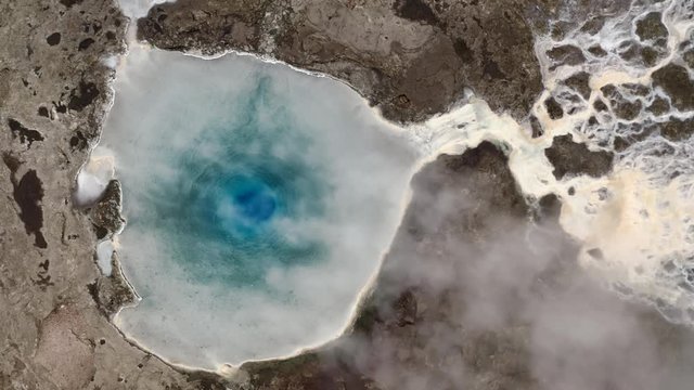 aerial top down flight on geyser inside, Iceland, 4k