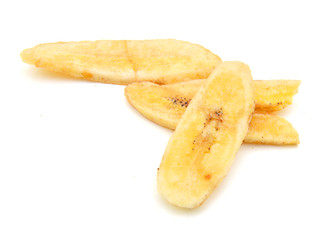 Banana chips on white background 