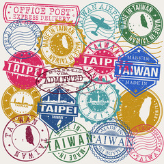 Taipei Taiwan Set of Stamps. Travel Stamp. Made In Product. Design Seals Old Style Insignia.