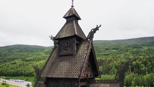 Roof Detail Of The Ancient Borgund Stave Church In Borgund, Norway - aerial close up