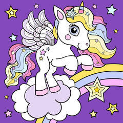 Cute, white unicorn on a rainbow. Childrens vector illustration