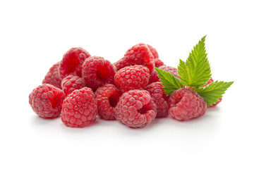  raspberries with leaf isolated on a white background